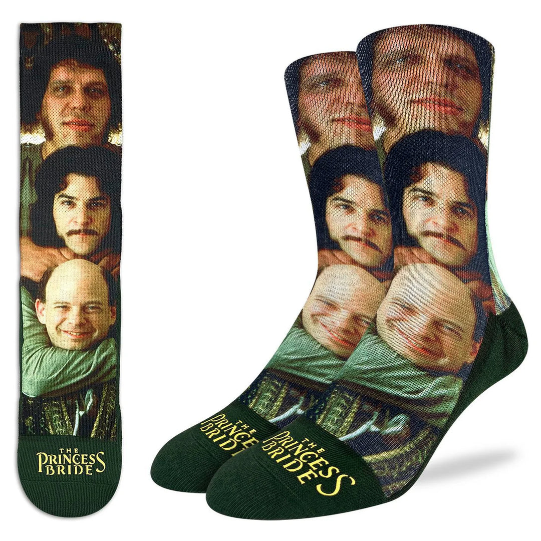Socks with 'The Princess Bride' characters and text on a white background