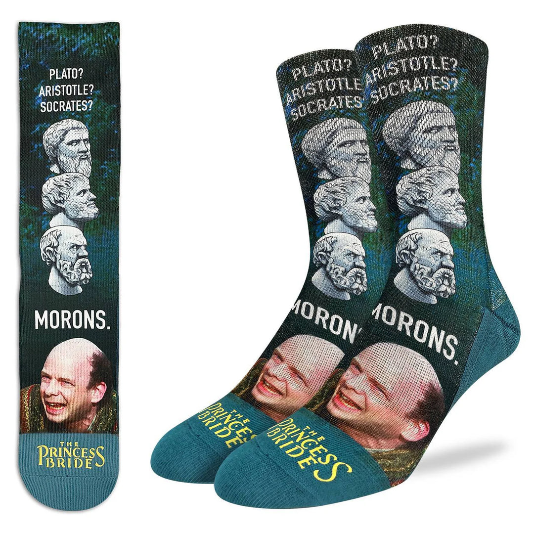 Socks with graphic design of classical philosophers and humorous text, featuring 'The Princess Bride' branding.
