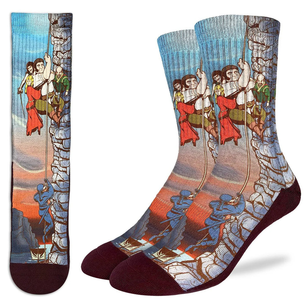 Socks with a design of people climbing a mountain, inspired by a famous painting.