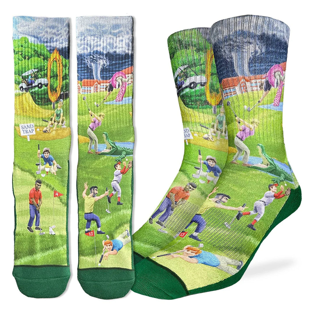 Golf-themed socks with colorful illustrations of golfers on a white background