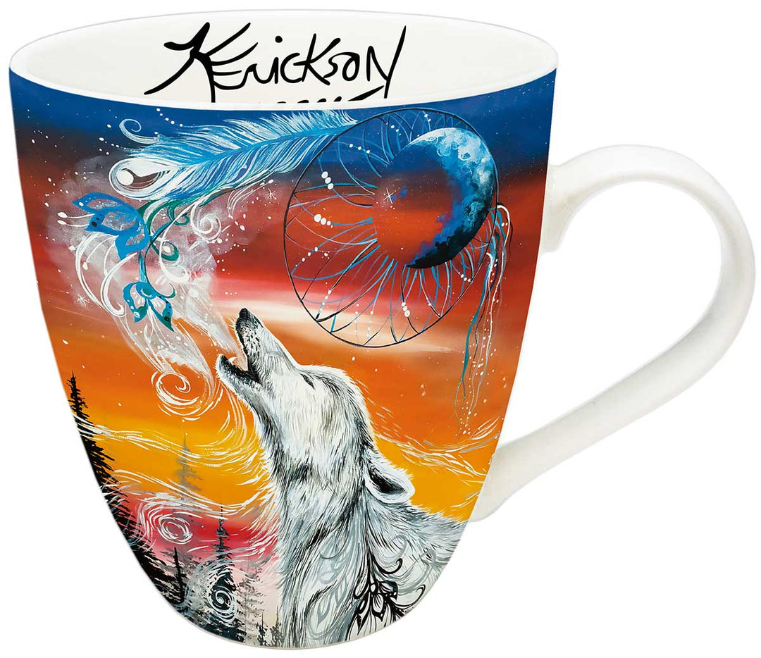 wolf howling into dream catcher colorful mug