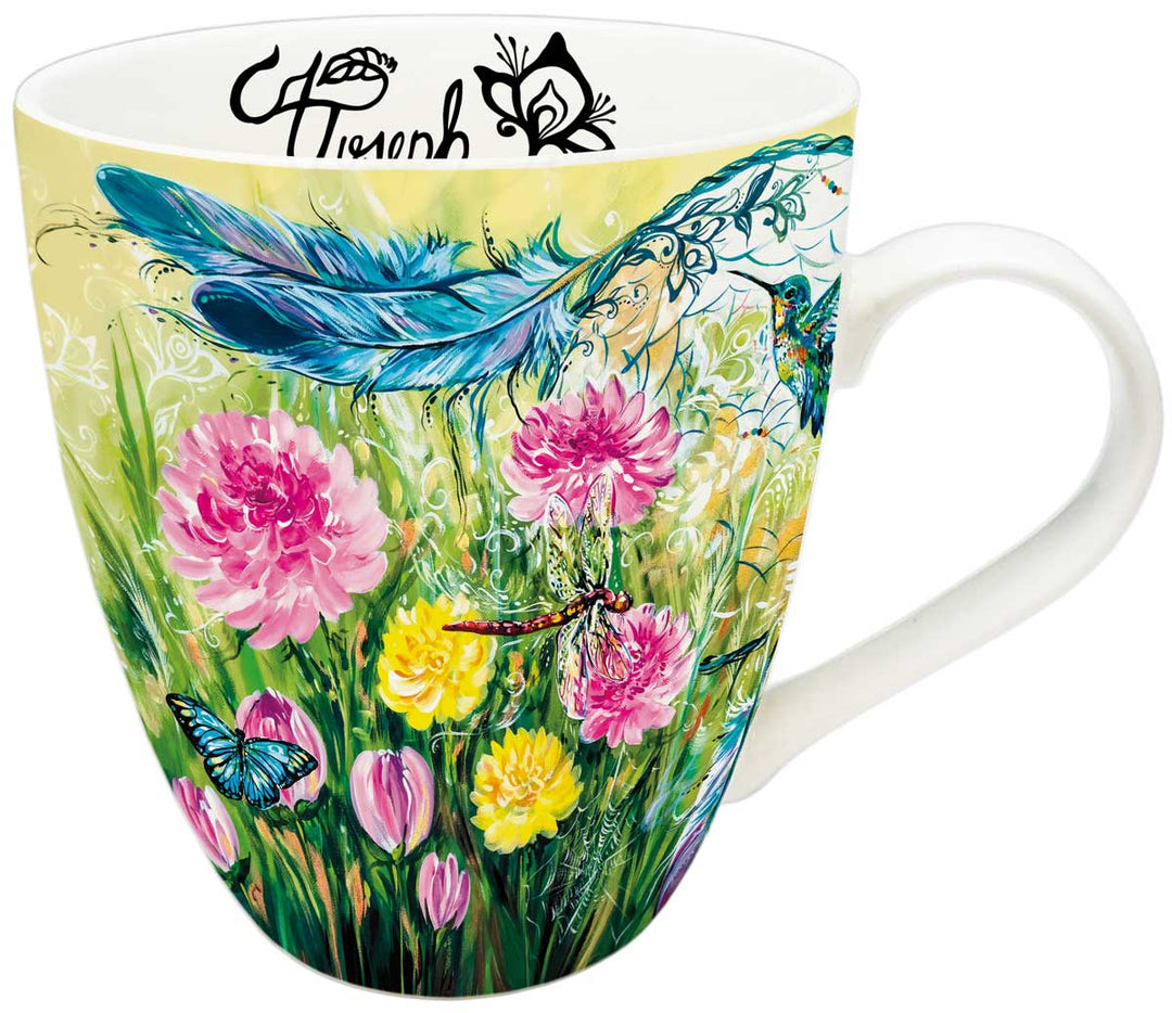 Mug with artistic design of flowers, butterflies, and a feathers 