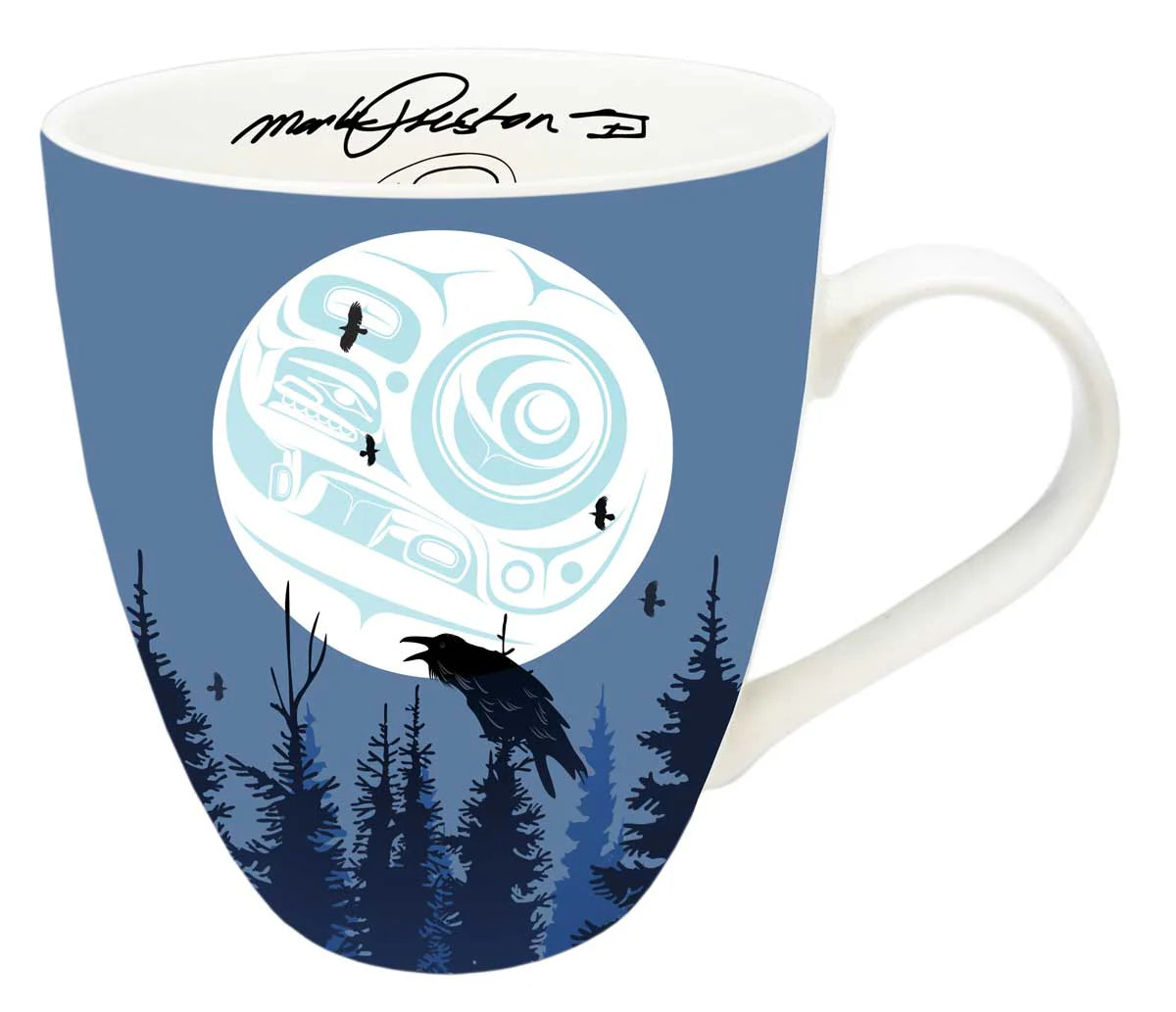 raven sitting on tree top with moon behind mug