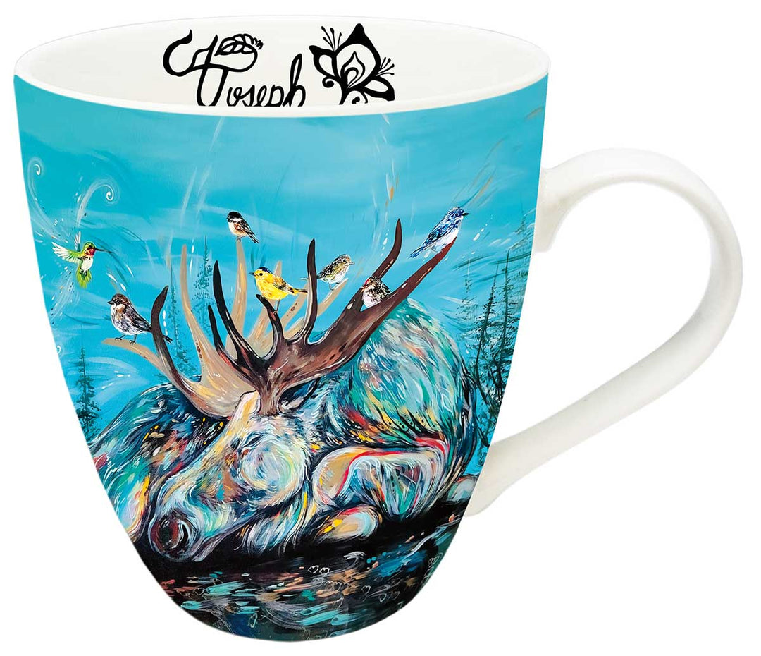 Mug with a colorful design of a deer and birds on a blue background.