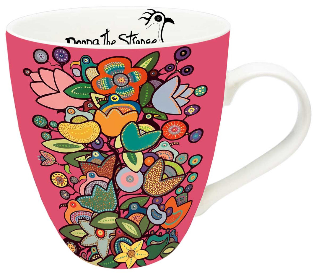 Colorful floral mug with a pink background 