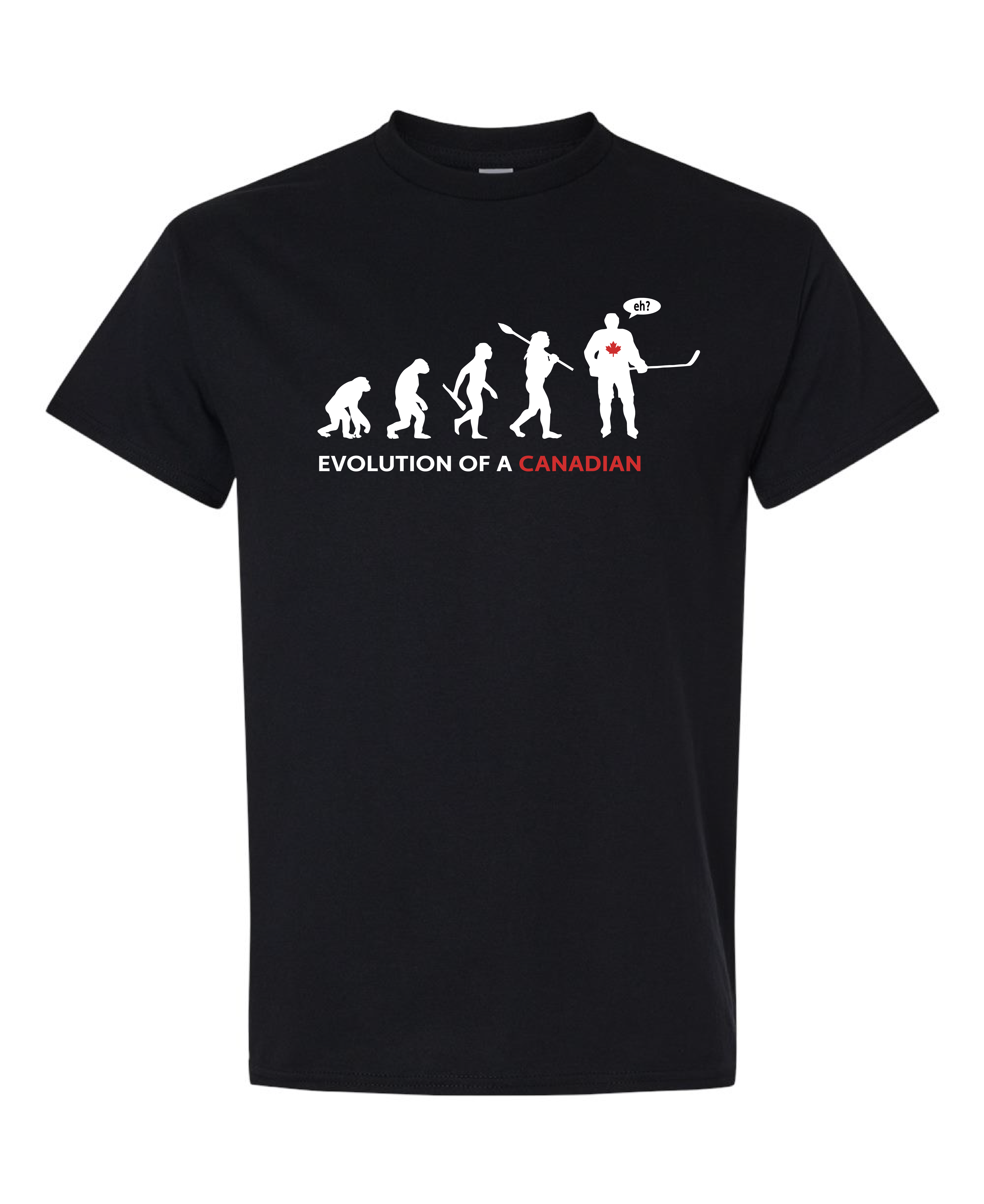 Black t-shirt with 'Evolution of a Canadian' graphic on a white background
