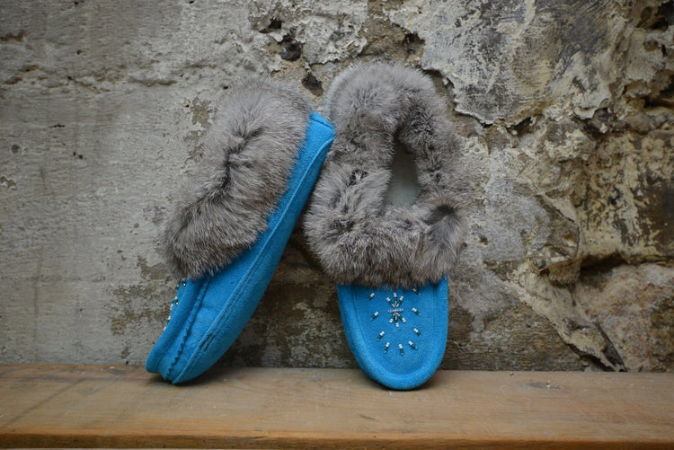 Fur Trimmed Moccasins Aqua